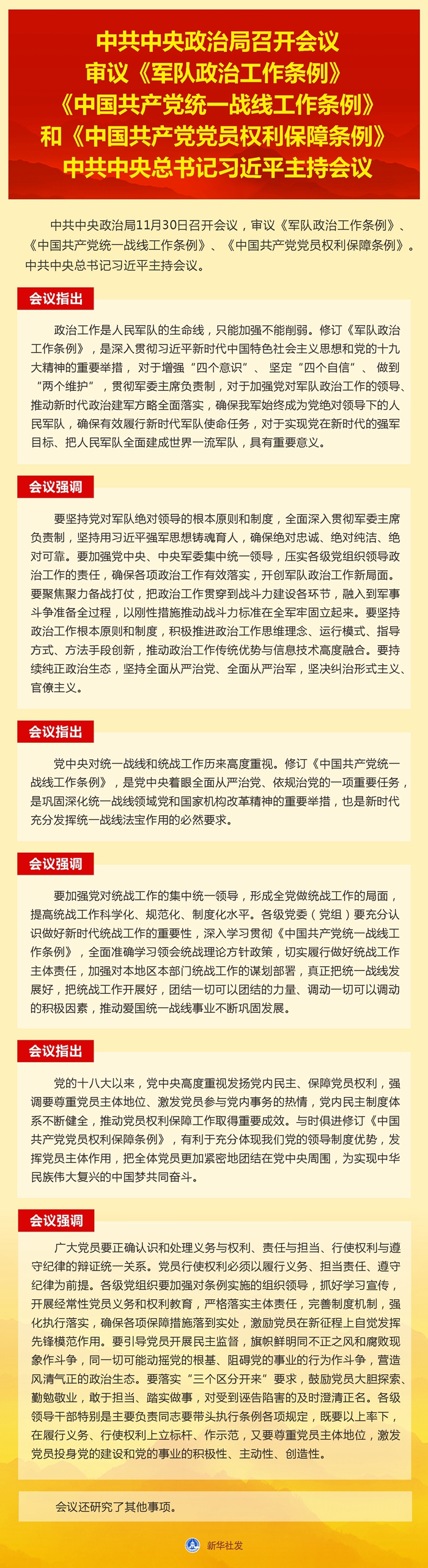 中共中央政治局召開會議 審議《軍隊政治工作條例》《中國共產(chǎn)黨統(tǒng)一戰(zhàn)線工作條例》和《中國共產(chǎn)黨黨員權利保障條例》