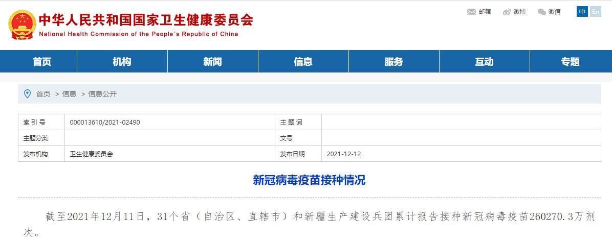 國家衛(wèi)健委：全國累計報告接種新冠病毒疫苗超26億劑次