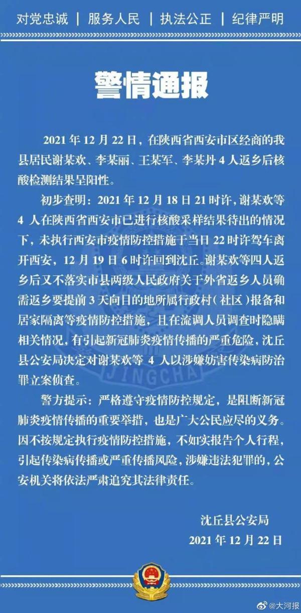 河南周口沈丘縣4名陽性人員被立案偵查